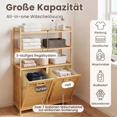Bambusový košík na bielizeň s 2 priehradkami a 3-stupňovou odkladacou policou, 80 x 30 x 110 cm, prírodná farba