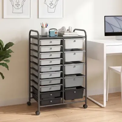 Vozík s 15 stohovateľnými zásuvkami a úchytmi – zásuvkový vozík 63 x 38 x 96 cm, čierny