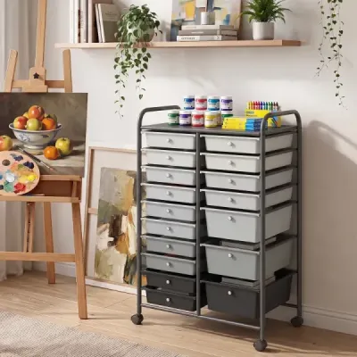 Vozík s 15 stohovateľnými zásuvkami a úchytmi – zásuvkový vozík 63 x 38 x 96 cm, čierny