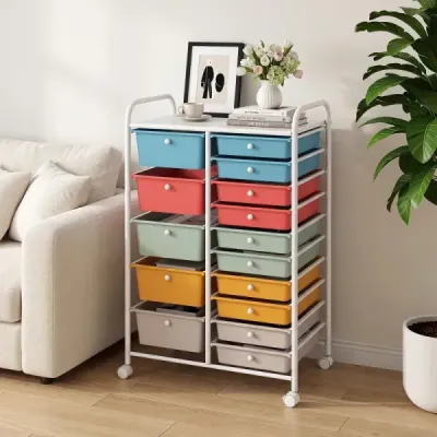 Vozík s 15 stohovateľnými zásuvkami a úchytmi – zásuvkový vozík 63 x 38 x 96 cm Macaron