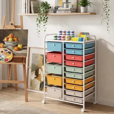 Vozík s 15 stohovateľnými zásuvkami a úchytmi – zásuvkový vozík 63 x 38 x 96 cm Macaron