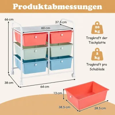 Vozík s 6 plastovými zásuvkami a 2 úchytmi, 63,5 x 38 x 66 cm, farebný