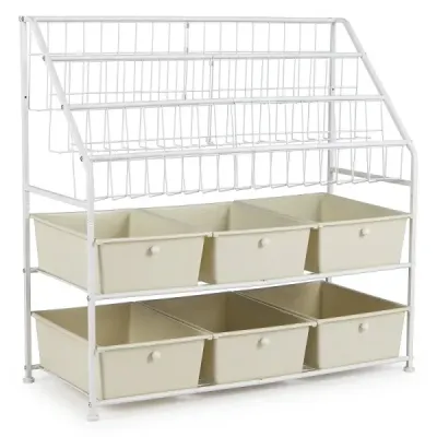 Knižnica s kovovým rámom, košíkmi, zásuvkami a otvorenými policami, 89 x 36,5 x 87 cm, biela