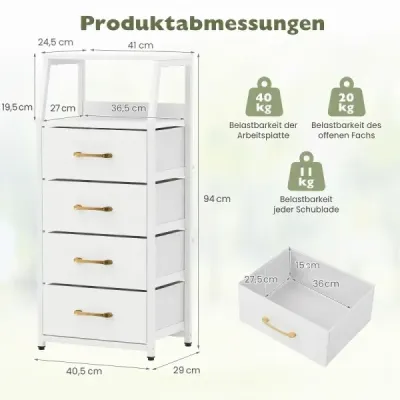Komoda so 4 látkovými zásuvkami, zásuvková skriňa s kovovým rámom, biela + zlatá