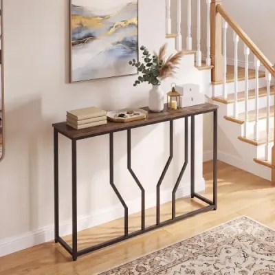 Úzky kovový konzolový stolík s protiprevrátenými zariadeniami, 110 x 30 x 80 cm, rustikálna hnedá farba