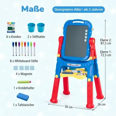 Detský stojan 4 v 1 s nastaviteľnou výškou, obojstranný detský stojan s magnetickou tabuľou, otočný o 360°, modrý a červený