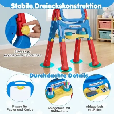 Detský stojan 4 v 1 s nastaviteľnou výškou, obojstranný detský stojan s magnetickou tabuľou, otočný o 360°, modrý a červený
