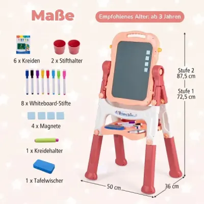 Detský maliarsky stojan 4 v 1, výškovo nastaviteľný, obojstranný, otočný o 360°, broskyňovo ružový