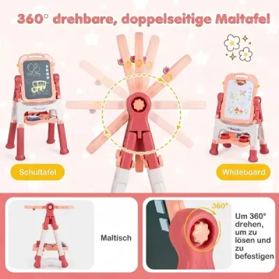 Detský maliarsky stojan 4 v 1, výškovo nastaviteľný, obojstranný, otočný o 360°, broskyňovo ružový