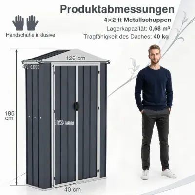 Záhradný prístrešok – kovový prístrešok na náradie s uzamykateľnými dverami a ochrannými krytkami hrán, 126 x 41 x 185 cm, sivý