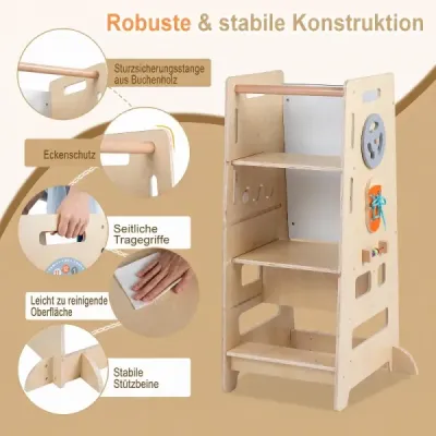 Dvojstupňovo výškovo nastaviteľná stolička 4 v 1 – drevená montessori vzdelávacia veža, 52 x 50 x 89 cm, prírodná farba