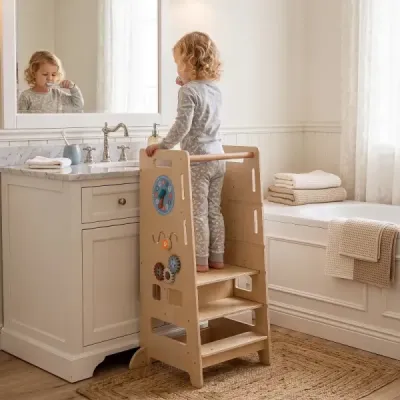 Dvojstupňovo výškovo nastaviteľná stolička 4 v 1 – drevená montessori vzdelávacia veža, 52 x 50 x 89 cm, prírodná farba