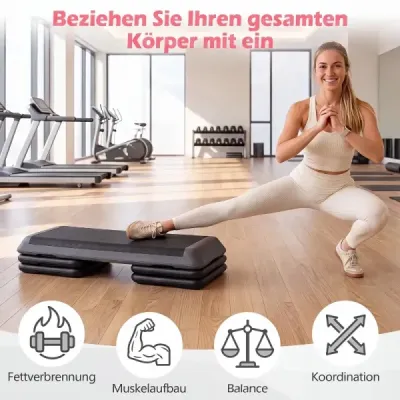 Aerobický stepper s nastaviteľnou výškou, fitness stepper so 4 opornými blokmi, štruktúrovaný povrch, sivý