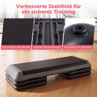 Aerobický stepper s nastaviteľnou výškou, fitness stepper so 4 opornými blokmi, štruktúrovaný povrch, sivý