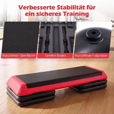 Aerobný stepper s nastaviteľnou výškou, fitness stepper so 4 opornými blokmi, štruktúrovaný povrch, červený