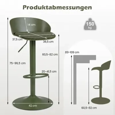 Sada 2 barových stoličiek, otočné o 360°, s nastaviteľnou výškou, nosnosť 150 kg, rozmery 42 x 42 x 75–96,5 cm, zelené