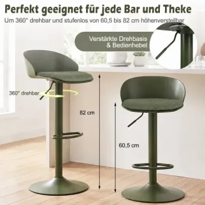 Sada 2 barových stoličiek, otočné o 360°, s nastaviteľnou výškou, nosnosť 150 kg, rozmery 42 x 42 x 75–96,5 cm, zelené