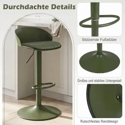 Sada 2 barových stoličiek, otočné o 360°, s nastaviteľnou výškou, nosnosť 150 kg, rozmery 42 x 42 x 75–96,5 cm, zelené
