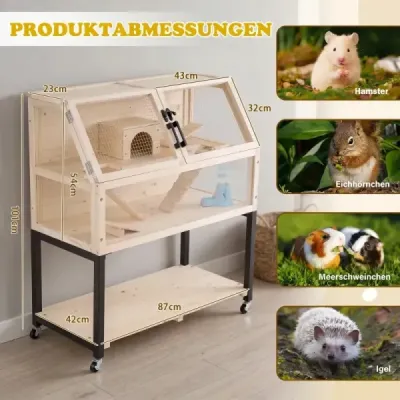 Drevená klietka pre škrečky s kolieskami a priehľadnými akrylovými doskami – dvojposchodová klietka pre hlodavce, rozmery 87 x 42 x 101 cm, prírodná farba