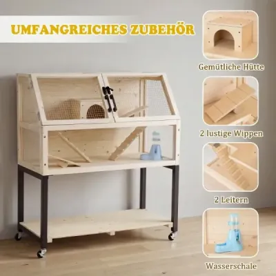 Drevená klietka pre škrečky s kolieskami a priehľadnými akrylovými doskami – dvojposchodová klietka pre hlodavce, rozmery 87 x 42 x 101 cm, prírodná farba