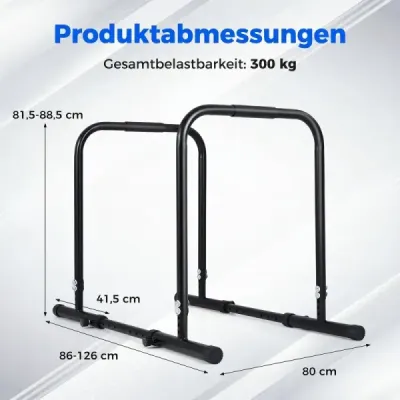 Hrazda na dipy s nosnosťou až 300 kg, výška nastaviteľná v rozmedzí 81,5–88,5 cm, šírka nastaviteľná v rozmedzí 86–126 cm