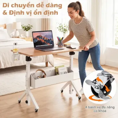 Stôl na státie, výškovo nastaviteľný 70-117 cm, mobilný stôl na kolieskach s látkovým košom a drážkou na tablet, prírodný