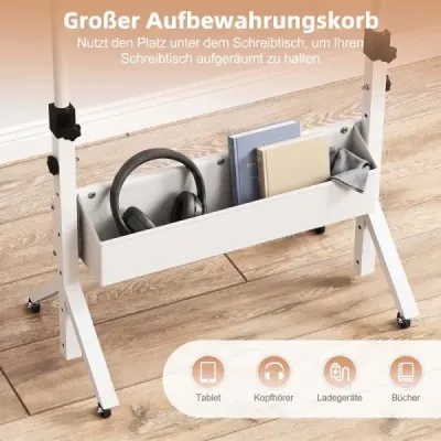 Stôl na státie, výškovo nastaviteľný 70-117 cm, mobilný stôl na kolieskach s látkovým košom a drážkou na tablet, prírodný