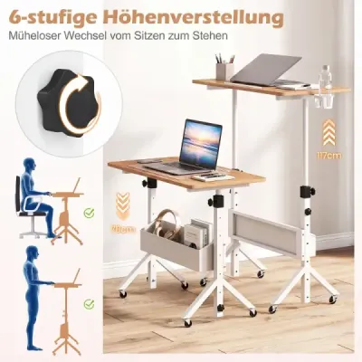 Stôl na státie, výškovo nastaviteľný 70-117 cm, mobilný stôl na kolieskach s látkovým košom a drážkou na tablet, prírodný