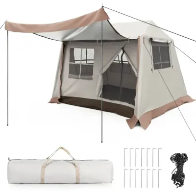 Pop-up stan pre 4 osoby – skladací kempingový stan so 4 sieťovanými oknami a 2 strešnými oknami, rozmery 275 x 245 x 188 cm
