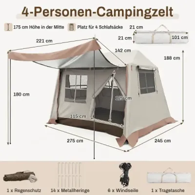 Pop-up stan pre 4 osoby – skladací kempingový stan so 4 sieťovanými oknami a 2 strešnými oknami, rozmery 275 x 245 x 188 cm