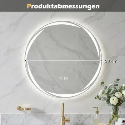 Kúpeľňové zrkadlo s osvetlením, 50 cm, okrúhle LED kúpeľňové zrkadlo s reguláciou jasu a 3 farbami svetla