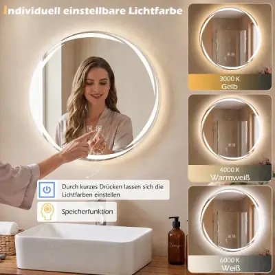 Kúpeľňové zrkadlo s osvetlením, 50 cm, okrúhle LED kúpeľňové zrkadlo s reguláciou jasu a 3 farbami svetla