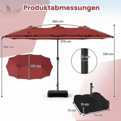 Dvojitý slnečník 370 x 200 cm, slnečník s kľukou a podstavcom, terasový slnečník so 108 LED svetlami, vínovočervený