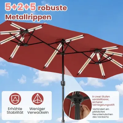 Dvojitý slnečník 370 x 200 cm, slnečník s kľukou a podstavcom, terasový slnečník so 108 LED svetlami, vínovočervený