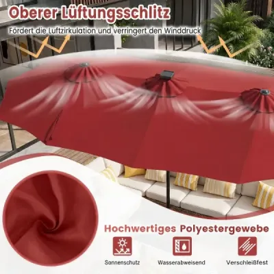 Dvojitý slnečník 370 x 200 cm, slnečník s kľukou a podstavcom, terasový slnečník so 108 LED svetlami, vínovočervený