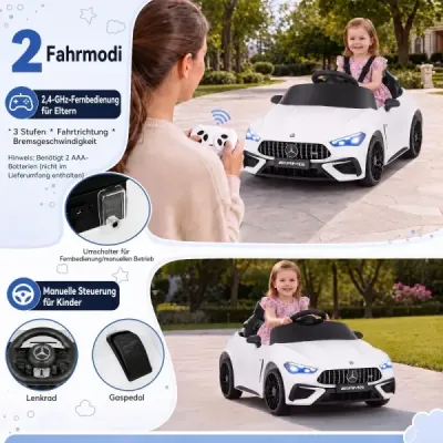 Detské elektrické auto 12 V Mercedes-AMG s LED svetlami a diaľkovým ovládaním 2,4 G, biele