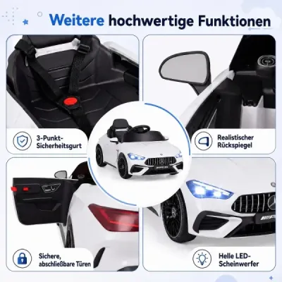 Detské elektrické auto 12 V Mercedes-AMG s LED svetlami a diaľkovým ovládaním 2,4 G, biele