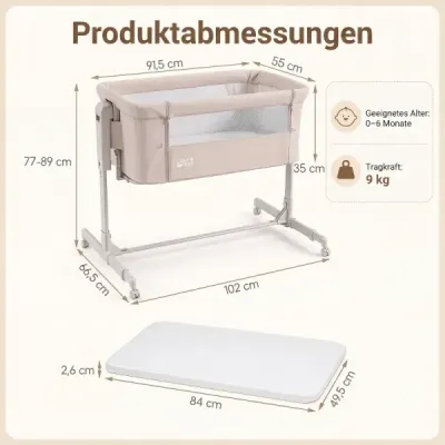 Detská postieľka 3 v 1 s 6-stupňovým nastavením výšky a 4 kolieskami, nosnosť až 9 kg, béžová