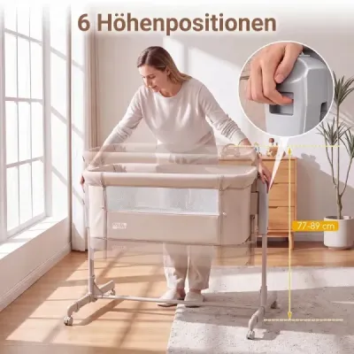 Detská postieľka 3 v 1 s 6-stupňovým nastavením výšky a 4 kolieskami, nosnosť až 9 kg, béžová