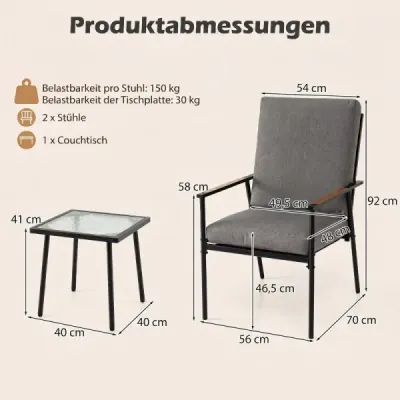 3-dielna súprava záhradného nábytku, balkónový nábytok s 2 stoličkami s kovovým rámom a stolom so sklenenou doskou, sivá
