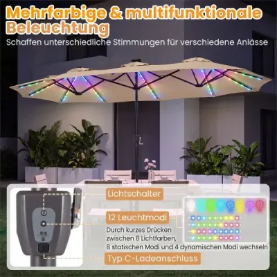 Dvojitý slnečník 370 x 200 cm, slnečník s kľukou a stojanom, záhradný slnečník so 108 LED svetlami, béžový