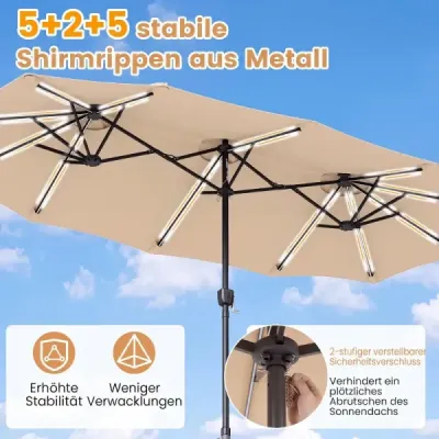 Dvojitý slnečník 370 x 200 cm, slnečník s kľukou a stojanom, záhradný slnečník so 108 LED svetlami, béžový