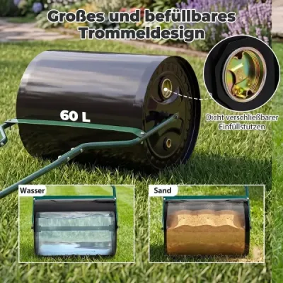 Kovový valec na trávu s objemom 60 litrov a šírkou valcovania 50 cm. Záhradný valec s rukoväťou v tvare U 50 x 40 x 112 cm