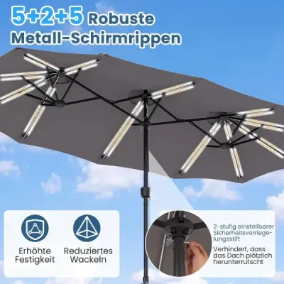 Dvojitý slnečník 370 x 200 cm, slnečník s kľukou a podstavcom, terasový slnečník so 108 LED svetlami, sivý