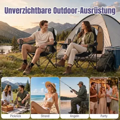 Campingstuhl Klappbar tragbarer Angelstuhl mit Getränkehalter Rutschfesten Füßen Schwarz