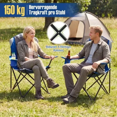 Sada 2 ks skladacích kempingových stoličiek – prenosná rybárska stolička s držiakom na nápoje a protišmykovými nožičkami, modrá