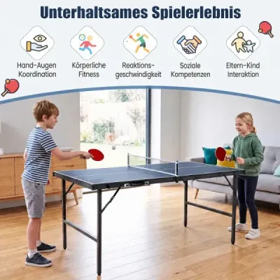Skladací stôl na stolný tenis so sieťou, 2 raketami a loptičkami – mini stôl na stolný tenis, pingpongový stôl, modrý