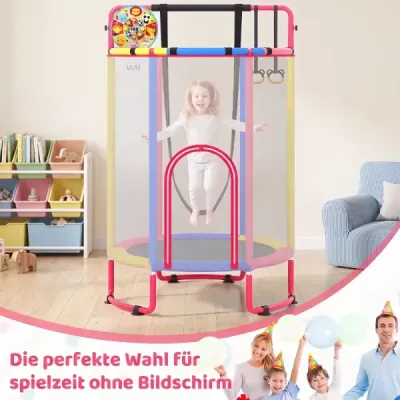 Detský trampolín 6 v 1 s bezpečnostnou sieťou a žiarovo pozinkovaným kovovým rámom, 140 x 140 x 214 cm, farebný