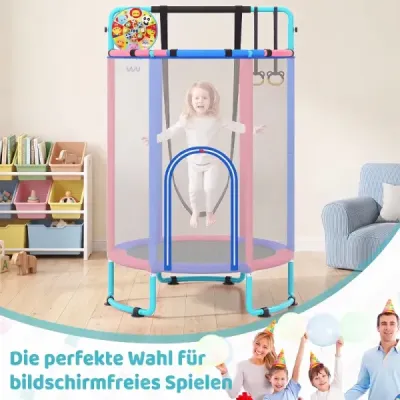 Detský trampolín 6 v 1 s bezpečnostnou sieťou a žiarovo pozinkovaným kovovým rámom, 140 x 140 x 214 cm, modrý