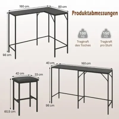 Barový set s 2 barovými stoličkami, vysoký stôl s integrovanou zásuvkou, barový pult s kovovou konštrukciou, čierny